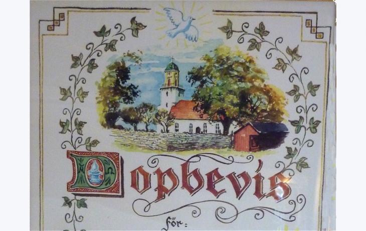 Disgen handledning - Vackert dopbevis med tecknad kyrka.